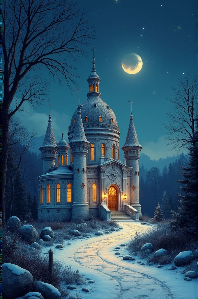 Illustration féerique d'un palais rond pierres blanches de nuit
