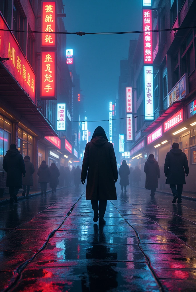 A solitary figure walking through a bustling neon-lit street at night. The scene is filled with vibrant, colorful neon signs reflecting off the wet pavement. The person is seen from behind, wearing a long coat, creating a silhouette against the glowing lights. The atmosphere is moody and mysterious, with tall buildings covered in bright advertisements. The street is alive with the energy of the city, yet the solitary figure conveys a sense of isolation.