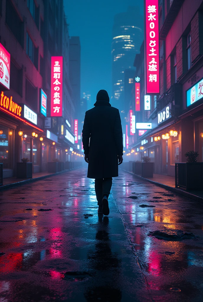 A solitary figure walking through a bustling neon-lit street at night. The scene is filled with vibrant, colorful neon signs reflecting off the wet pavement. The person is seen from behind, wearing a long coat, creating a silhouette against the glowing lights. The atmosphere is moody and mysterious, with tall buildings covered in bright advertisements. The street is alive with the energy of the city, yet the solitary figure conveys a sense of isolation.