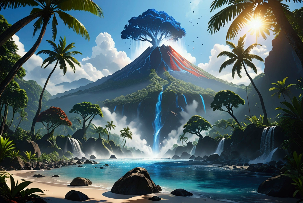 Landscape, with mountains, tropical trees, and a volcano with rocks flying around, and a blue tree spraying water on the trees in the forest, 4k high res, Masterpiece artwork, precise, high qualiy, backlighting, cinematic lighting, cinematrographic,