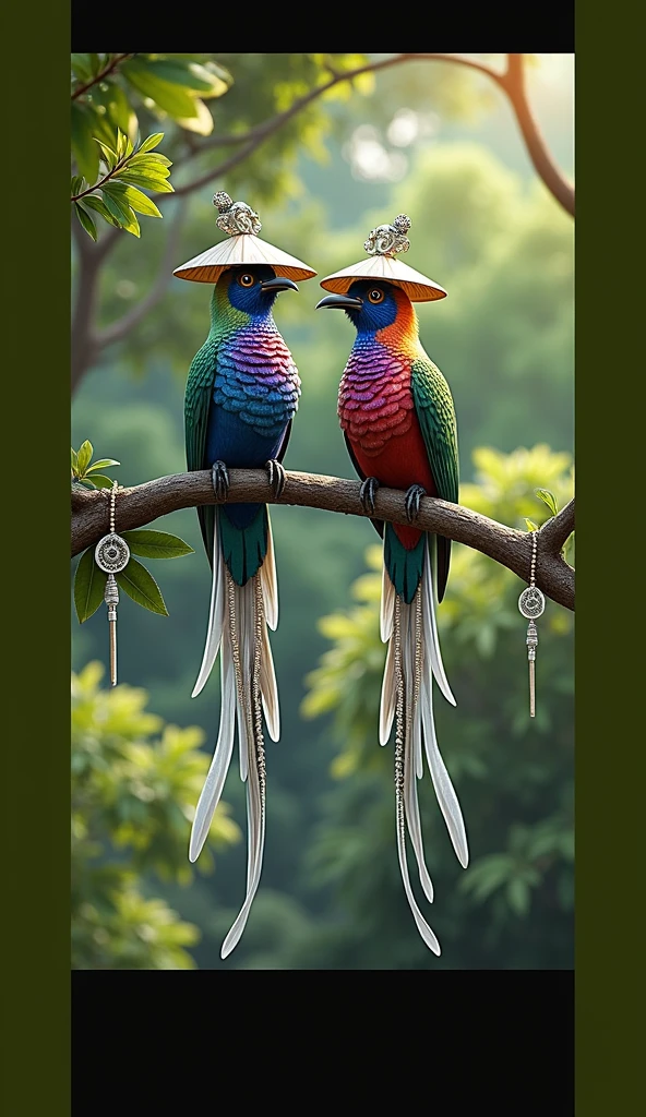 Create an 8K high-resolution image of two exotic, vibrant birds perched on a branch in a lush forest setting. The birds should have striking, multi-colored feathers with intricate patterns resembling gemstones, including shades of blue, purple, red, and green. They are wearing traditional Asian-style conical hats with elegant silver adornments. The birds' long, graceful tail feathers should feature ornate white designs with bead-like decorations. The background should be softly blurred, with natural sunlight filtering through the dense green foliage, creating a magical, serene atmosphere. Capture the details of the birds’ feathers and the hats in ultra-sharp resolution, ensuring a visually stunning and realistic appearance."