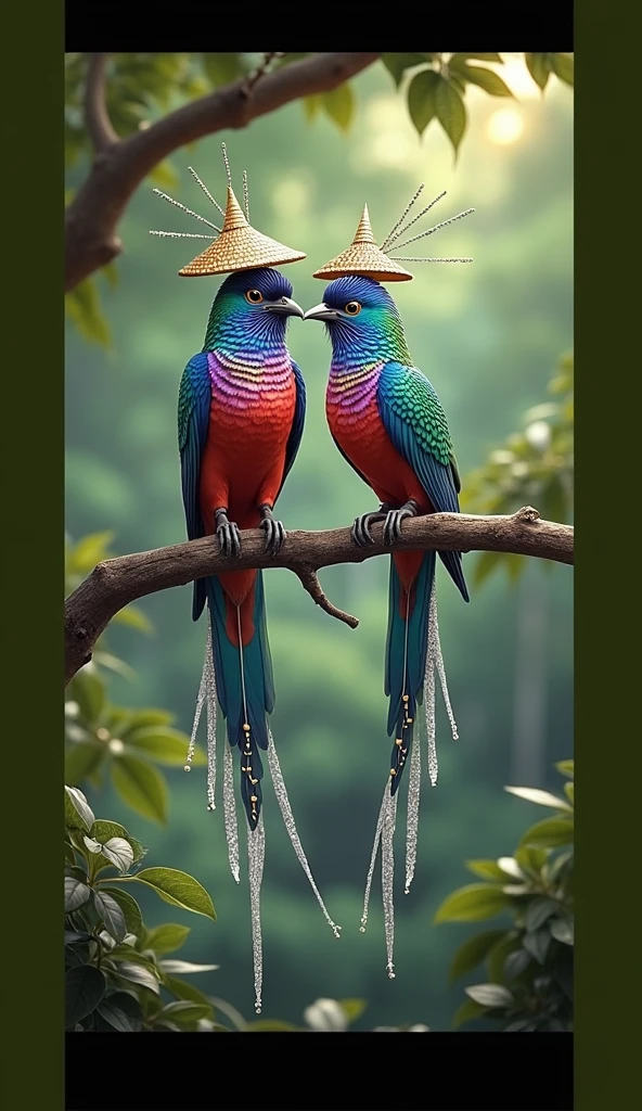 Create an 8K high-resolution image of two exotic, vibrant birds perched on a branch in a lush forest setting. The birds should have striking, multi-colored feathers with intricate patterns resembling gemstones, including shades of blue, purple, red, and green. They are wearing traditional Asian-style conical hats with elegant silver adornments. The birds' long, graceful tail feathers should feature ornate white designs with bead-like decorations. The background should be softly blurred, with natural sunlight filtering through the dense green foliage, creating a magical, serene atmosphere. Capture the details of the birds’ feathers and the hats in ultra-sharp resolution, ensuring a visually stunning and realistic appearance."
