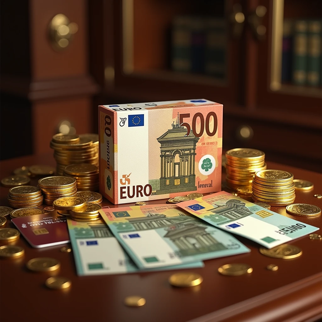 Create an image of a stack of euro banknotes in various denominations, arranged in a luxurious setting. The scene should reflect wealth and success, featuring elements like gold coins, safes, and credit cards surrounding the money. The background can be a bank vault or an elegant office desk, emphasizing a focus on finance and prosperity.