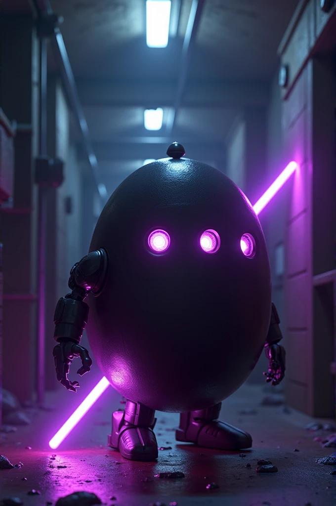 An egg-like robot with four glowing purple eyes that has a purple lightsaber in a bunker setting..