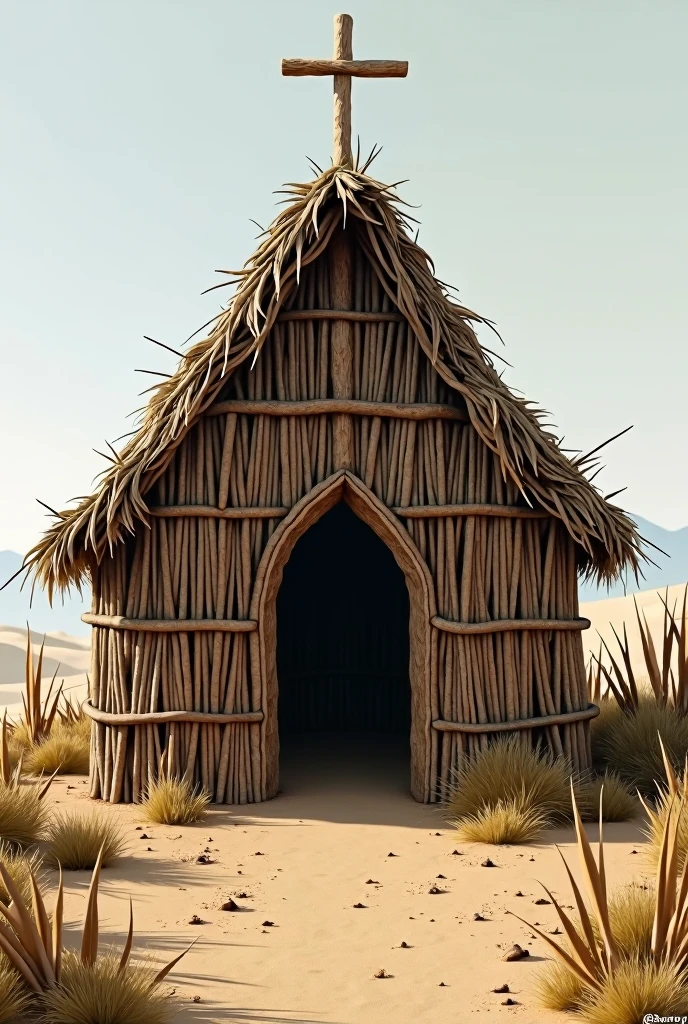 Church made of sticks on a dirt floor with a thatched roof