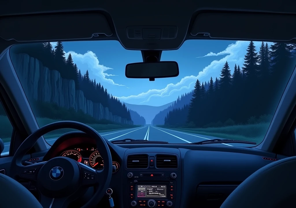 Interior of a car, the night with the sky is very cloudy, a road with a cliff on the left side and a forest on the right as seen from inside the car, a blue setting in Anime style