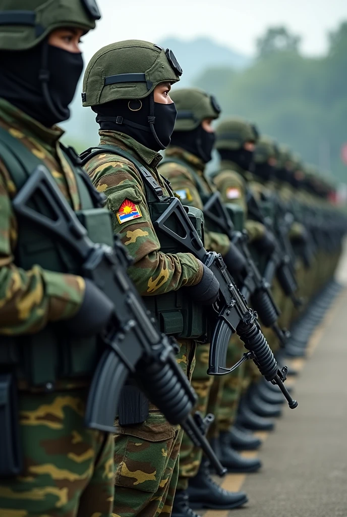 lineup soldier wear camouflage green, dark green, black. Full army uniform. Hand holding ak47. On the road. Hundred of soldier. independence day Malaysia