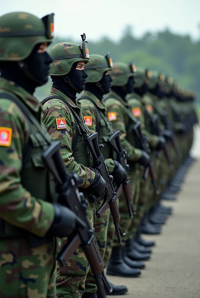 lineup soldier wear camouflage green, dark green, black. Full army uniform. Hand holding ak47. On the road. Hundred of soldier. independence day Malaysia 