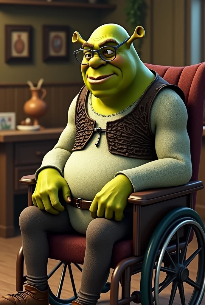 Old Shrek in wheelchair with glasses