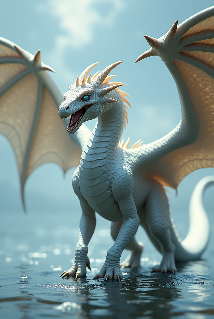 Side view of a beautiful 4 legged white dragon with large wings, and dinosaur-like electric blue eyes walking in shallow water, fierce features, sharp teeth, long tail, spikes along head with water-like qualities. The white scale shimmer.