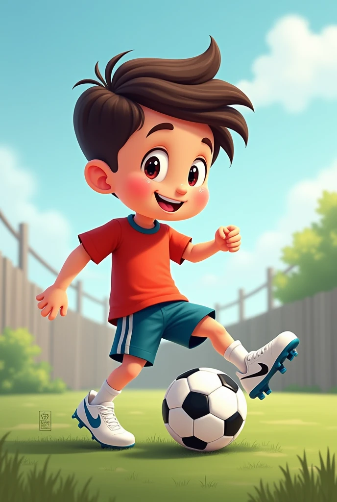 Create a profile picture of a boy playing football and add original, clearly visible Nike football boots white with black Nike swoosh's on the front of the forefoot like the mercurial cr7 wears left and right and has the foot on the ball. He has dark brown hair. In Cartoon bitte