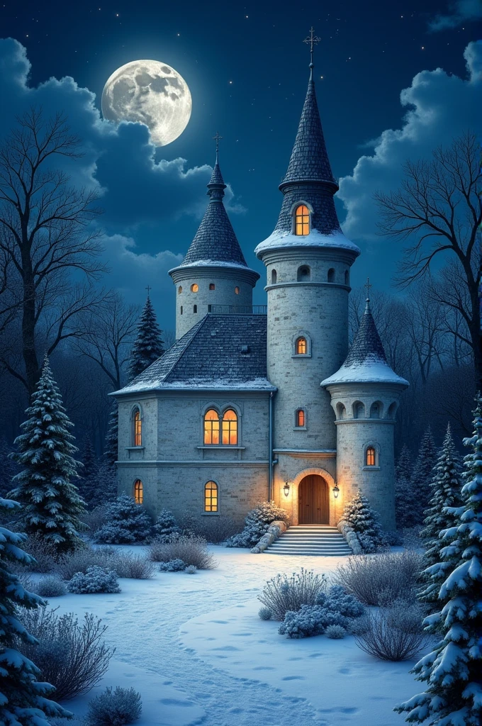Illustration féerique d'un palais rond pierres blanches de nuit