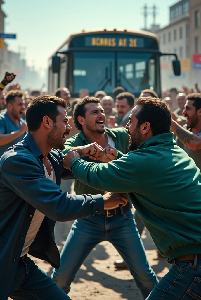 Create an image of a fight between a Blue Mafia mob and a Green Mafia mob. Nela, put fans of the green spot punching those of the Blue Mafia. in addition, from that, put behind the crowds bus.
Create an open image showing the fight
