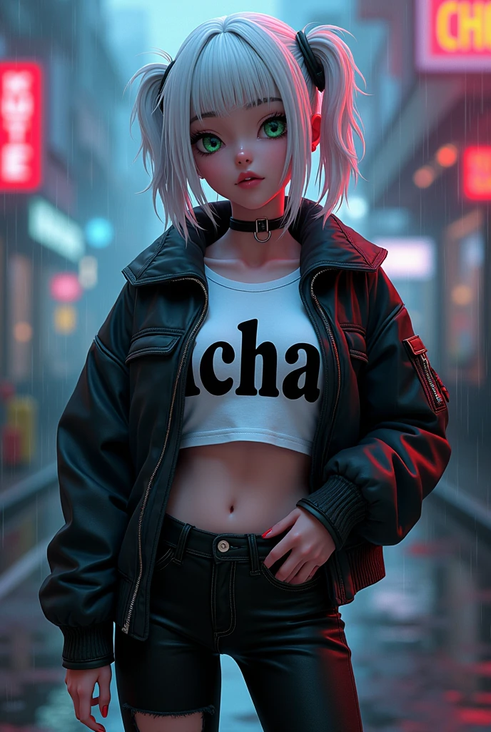 Kizi pele caucasiana, 17 year, White hair, wearing black jeans, wearing black boots, White T-Shirt and her name 'ICHA' has written on that with black aviator jacket, greeneyes,curved body, cocked ass, cyberpunk atmosphere, Raby, アニメ, Mullet, upper body, Anime Style, 3D, Hair Over One Eye,