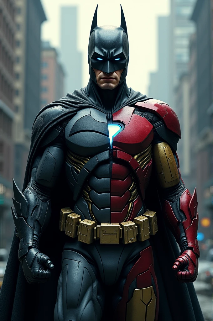 Half batman face and body and another Half Ironman.