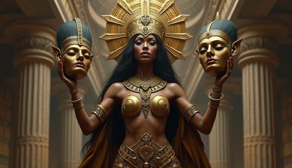 Mother goddess creator of all wearing a mask of a Babylonian goddess, in her right hand a mask of the Egyptian goddess Isis, in her left hand a mask of the African Yoruba goddess Oxum. Religious, epic, cult, antiquity.