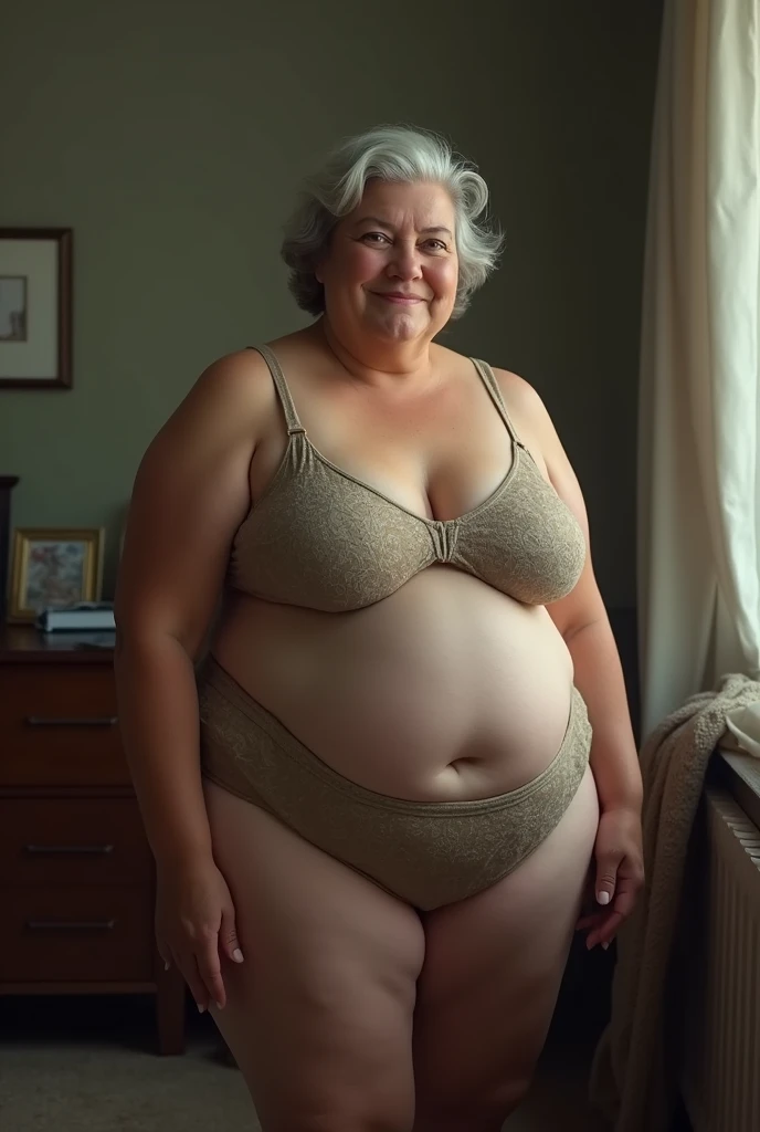 Older over fatty woman over 60 in bra in room full body