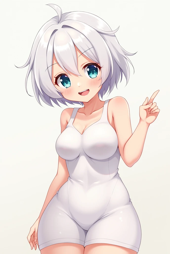 Short white hair, about high school age, blue eyes, pointy personality, white one-piece dress, bare shoulders, anime, fair skin, big breasts, looks like Siesta from Tanoshi