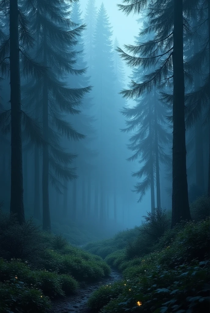 "A dense, shady forest with tall pine trees, shrouded in a thick, blue mist, creating a mystical and mysterious atmosphere. The surrounding vegetation is dark green, with a faint glow of small wildflowers scattered across the ground. The lighting is soft and dim, accentuating the cold and humid climate of the landscape."