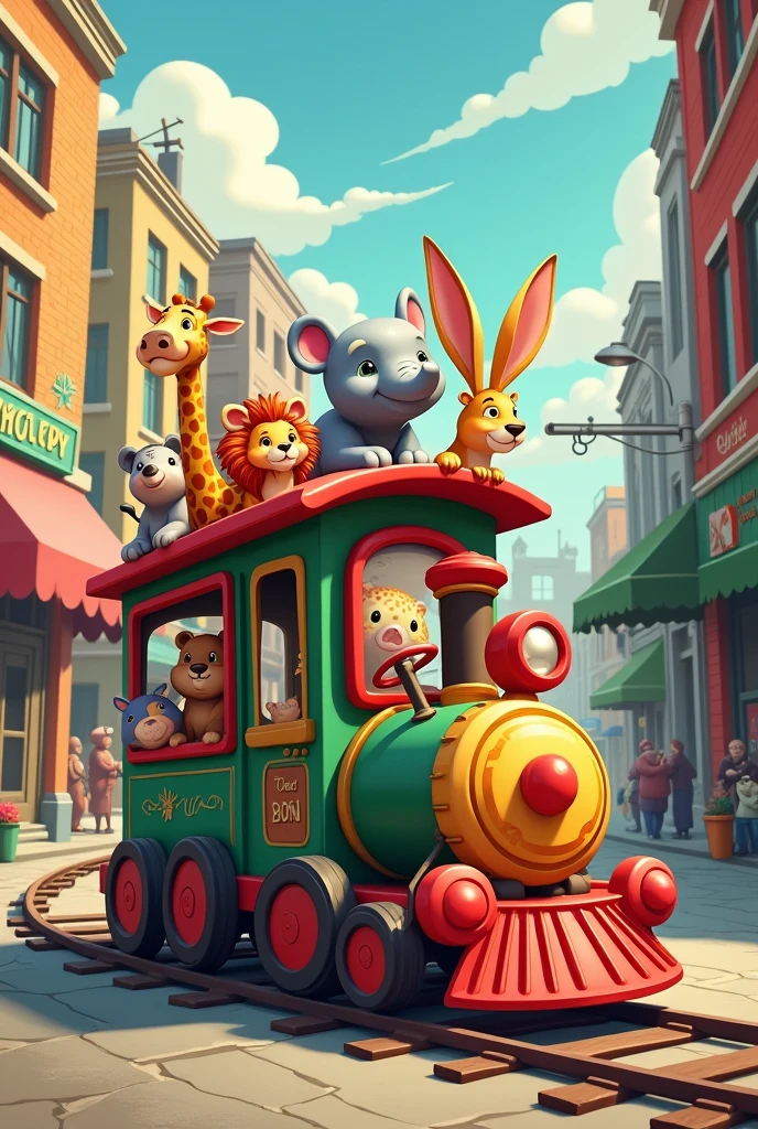 A toy train in city  with seven passengers of baby animal like lion ,elephant  ,kangaroo  leppard,  graffie , hippo  and bear
