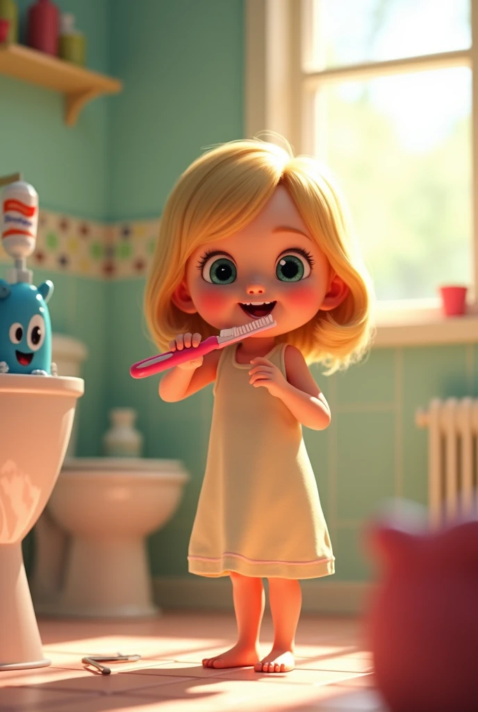 Generates a Disney Pixar type image of a white girl brushing her teeth 
