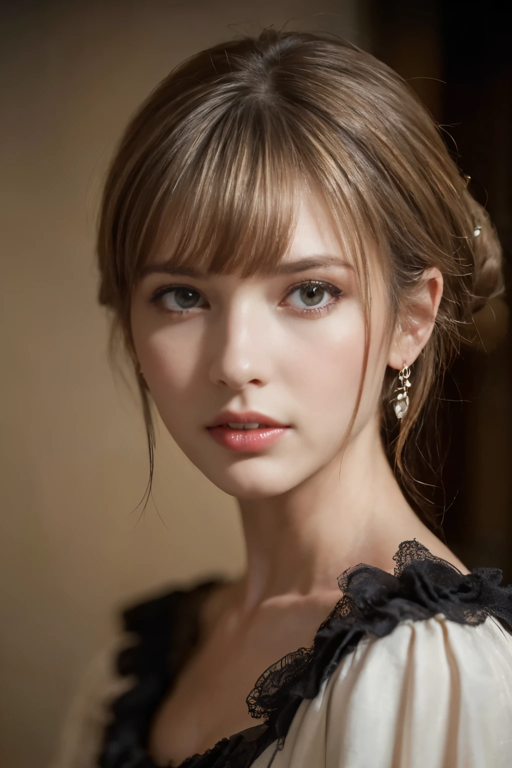 ((masterpiece:1.4, Highest quality)), (Realistic photos:1.4),
((1 person)), (Otherworldly beauty), (dream-like),
(超High resolution:1.2), Very delicate and beautiful, wonderful, Very detailed CG Unity 8k wall paper, Very detailed, High resolution,
Soft Light, Beautiful detailed, Very detailed eyes and face, Beautiful and detailed nose, Beautiful and detailed,
(Dressed in late 19th century French costume:1.3), (Portrait of a Parisian woman:1.3), (Simple interior background),
Cinema Lighting, Perfect Anatomy, Slender body, (Dark blond hair), (Parted bangs), (bright eye color),
Cowboy Shot