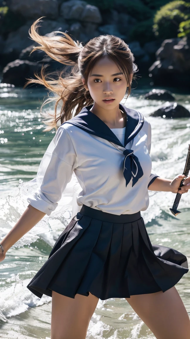 (Ultra HD, Highest quality, High resolution, Surreal, so beautiful), 24000dpi, (Holding the Japan sword, Bidirectional, Electric shock), Charge Move, Special Move Stance, All-in-one, dance, Beautiful woman, Long Tail, Well-formed eyes, greatest visual acuity, 1, Fascinating, Totally American, Perfect body, Physical Beauty, (Sailor suit, mini skirt),whole body