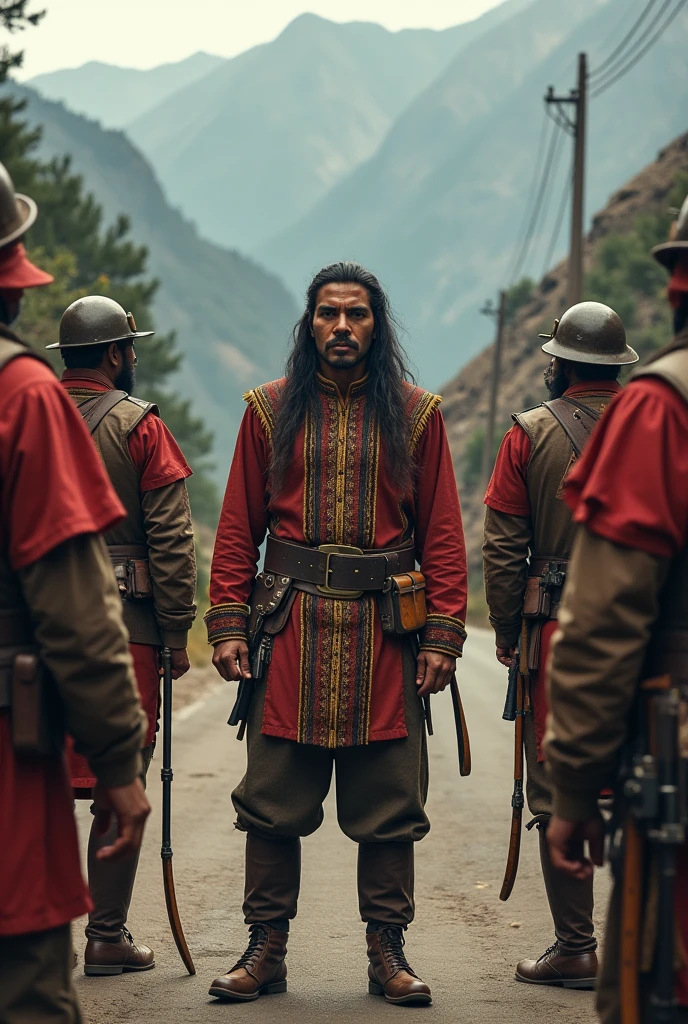 Tupac Amaru II** compare to **Mayor Arriaga** on a mountain road. Túpac Amaru's soldiers surround him, while the mayor, Afraid, is arrested.