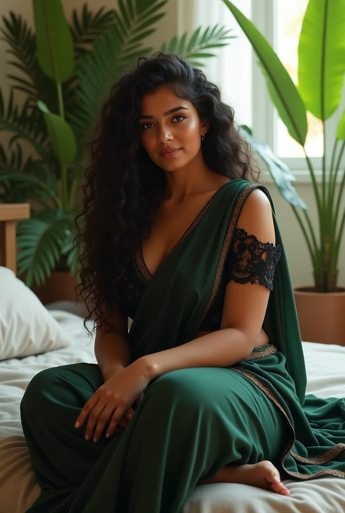 (photorealism:1.2), beautiful fat indian woman, warring plan dark green saree with black blousesitting on bed, wearing loose off-shoulder top, pajama pants, long curly hair, indoors, soft lighting, plants in background, window 