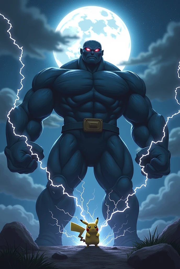 A big back and pikachu releasing lightening in a dark night the moon above him