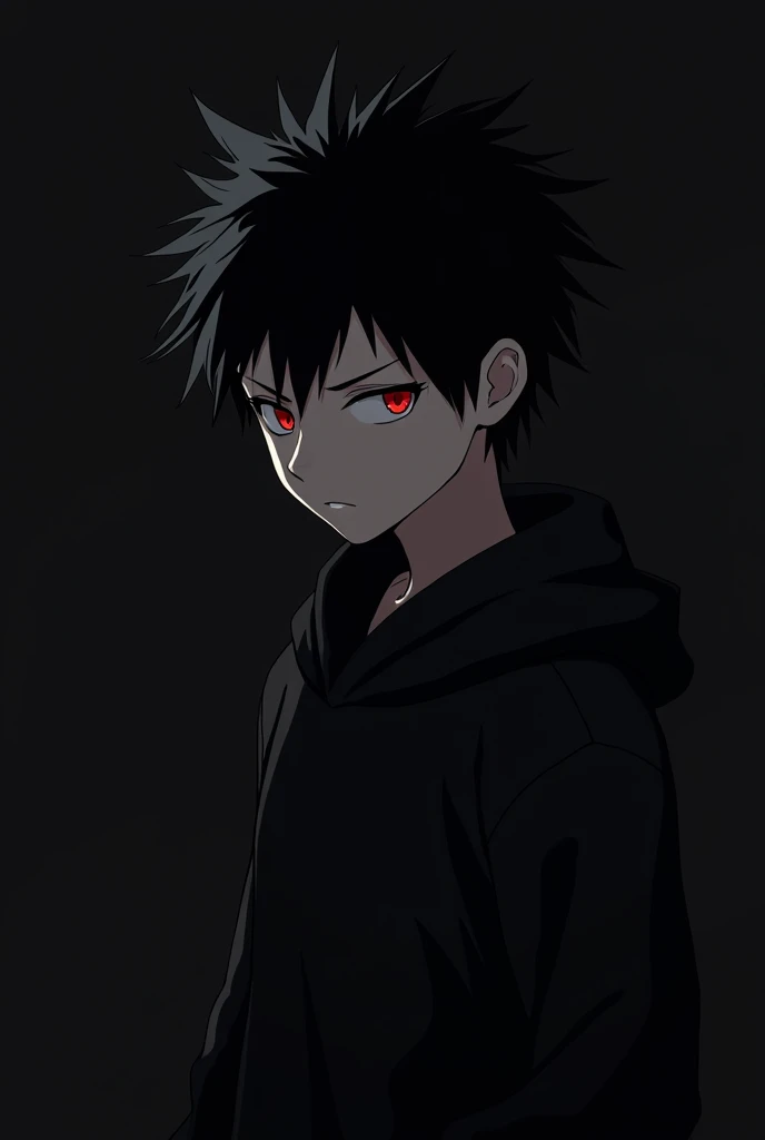 Anime boy , Spiky hair , black hair , black hoodie , red eyes , narrowed eye , blank black background , side view