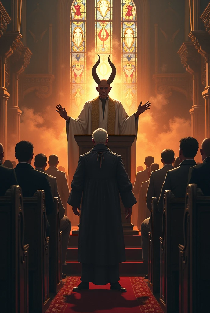 Make me a pastor doing a service now put Satan in