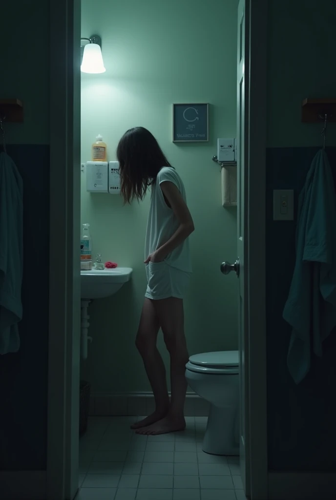 A girl in bathroom a college hostel. There is a hidden camera behind her. The background is dark theme for privacy.
