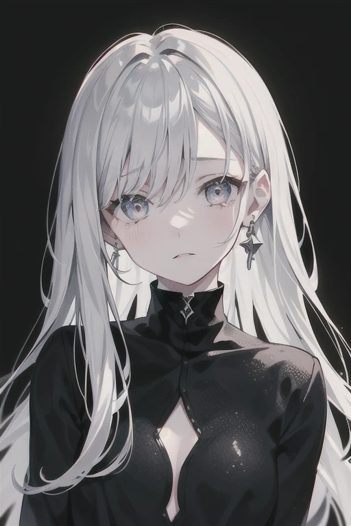 One girl, High resolution, masterpiece, Highest quality, Shortcuts, Silver Hair, Hair behind ears, Roll your eyes, I want to cry, A creepy black and white background,Dark expression,Textured skin, accurate,