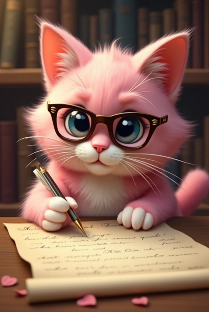 A pink cat wearing glasses and writing