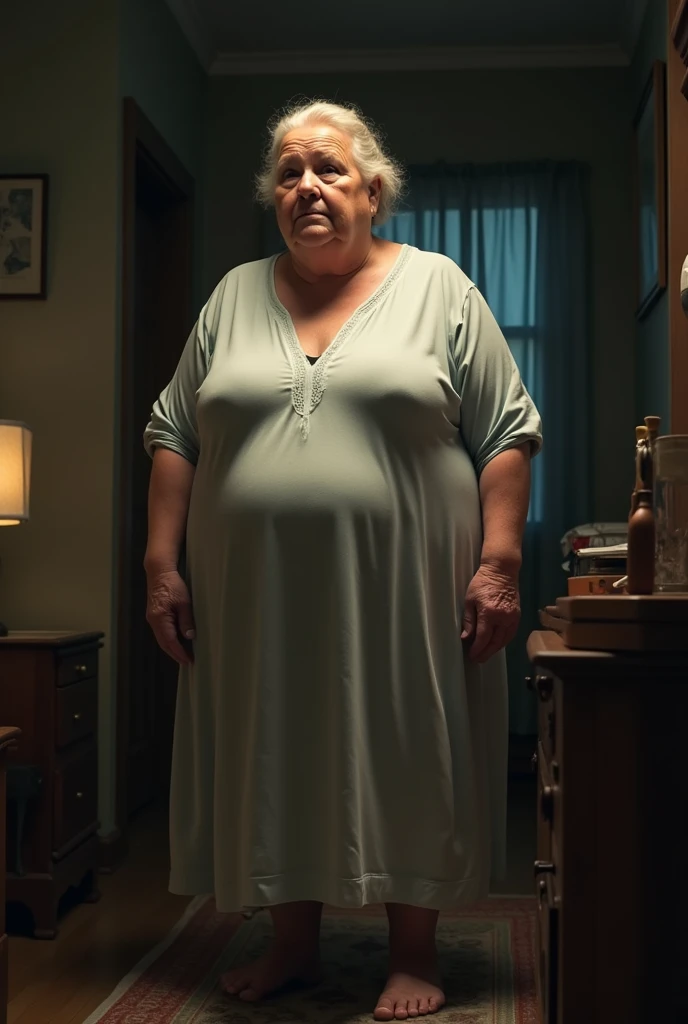 Older over fatty woman over 60 in night dress in room full body