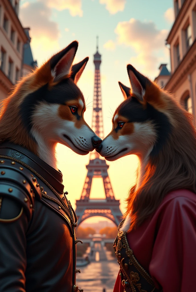 /imagine prompt:a female dog and male dog kissing Eiffel Tower hint: they are human dogs, Powerful, City Pop, Modern Art, close-up portrait, Game engine rendering, Bokeh, items, loud colors, Medieval, strobe lighting, Ultra-realistic, highly detailed, natural lighting, forest environment, Unreal engine, 8k --ar 16:9