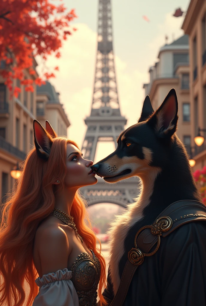 /imagine prompt:a female dog and male dog kissing Eiffel Tower hint: they are human dogs, Powerful, City Pop, Modern Art, close-up portrait, Game engine rendering, Bokeh, items, loud colors, Medieval, strobe lighting, Ultra-realistic, highly detailed, natural lighting, forest environment, Unreal engine, 8k --ar 16:9