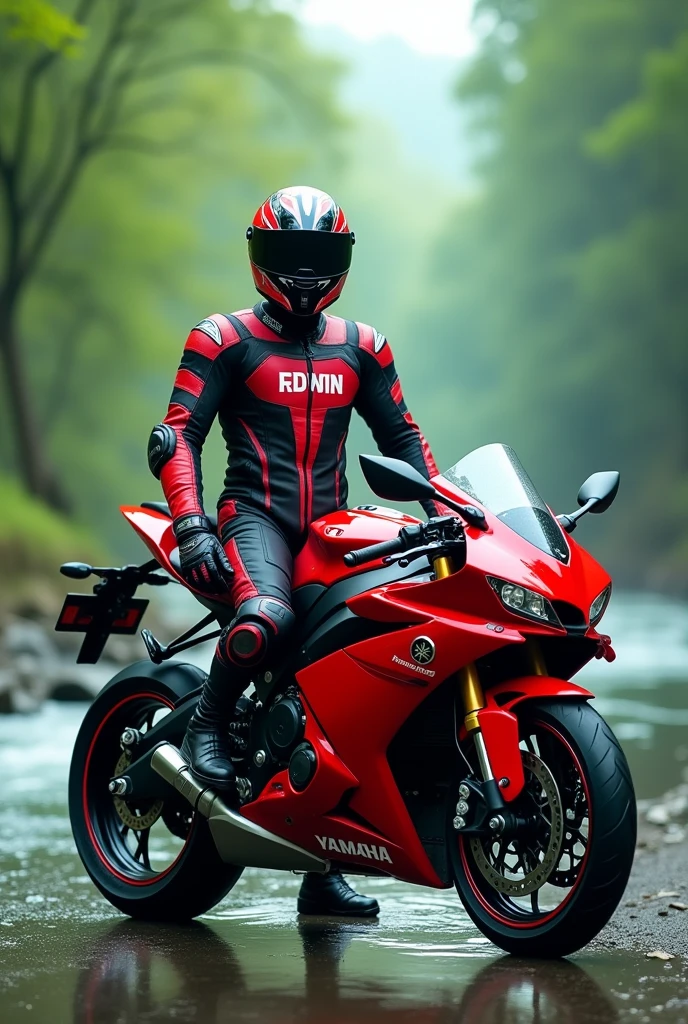 generates an image of a red YAMAHA R1 motorcycle with the driver standing next to it and on the driver&#39;s chest it says "EDWIN" and that the driver has a helmet on his head and in the background of the image there is a beautiful green landscape with rivers.
