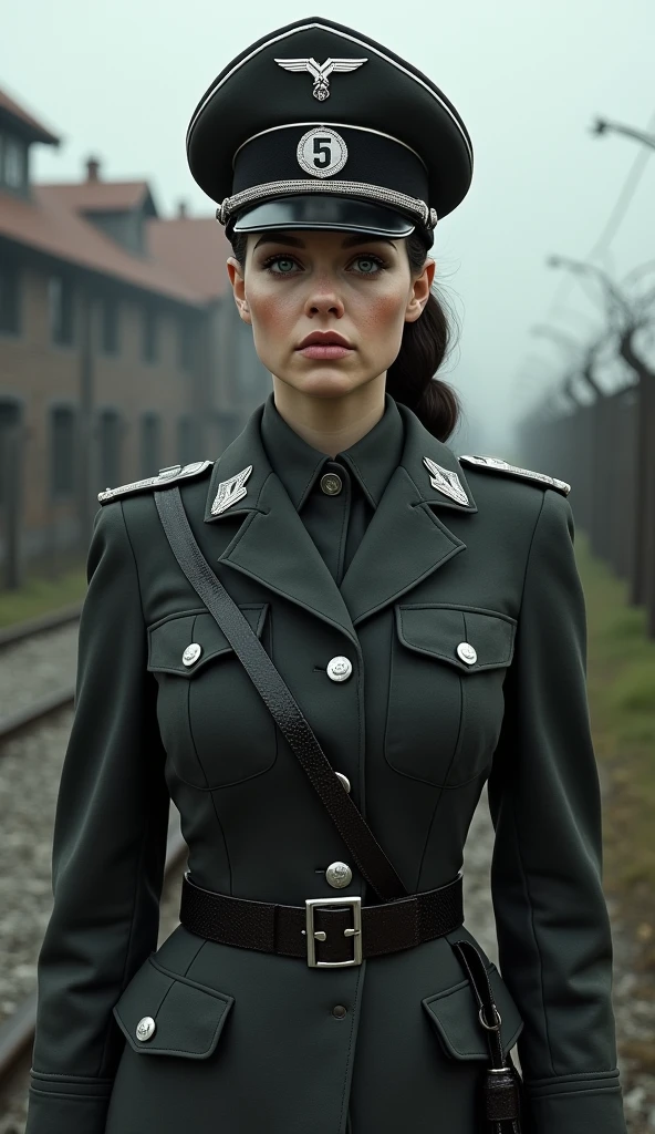 Irma Grese in SS Uniform: A realistic, detailed image of Irma Grese in her SS uniform, standing in the middle of Auschwitz concentration camp, with a stern and cruel expression.
