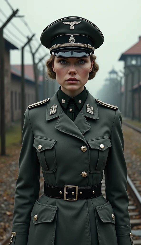 Irma Grese in SS Uniform: A realistic, detailed image of Irma Grese in her SS uniform, standing in the middle of Auschwitz concentration camp, with a stern and cruel expression.

