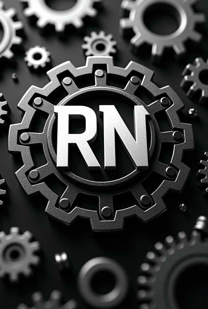 RN logo that is black and white, related to mechanical engineering with mechanical tools in background, cool