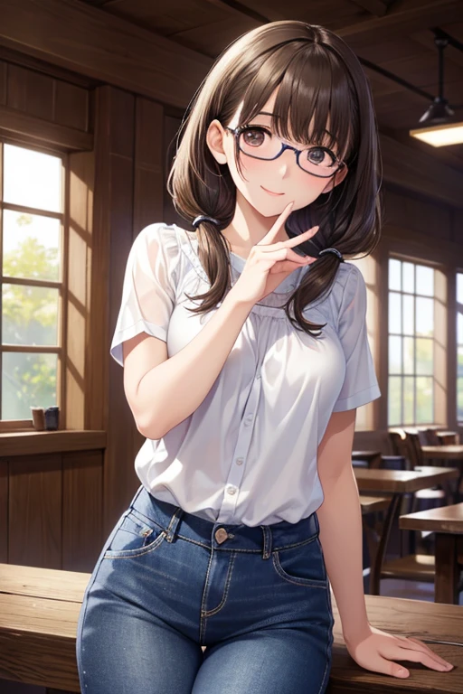 anegasaki nene、Shiny brown hair, short hair, (Beautiful brown eyes、Sparkling eyes, Fine grain)、smile、Ultra-detailed eyes、Highly detailed face, Highly detailed eyes,Cowboy Shot、
(Highest quality:1.2), One girl,Highest quality,White blouse、Denim pants,Low twin tails, Eyeglasses Professional Lighting,Realistic Shadows,Focus Only,Beautiful Hands,Beautiful fingers,Detailed characteristics of the fingers,Detailed arm functions,Detailed clothing features,Detailed hair features,Detailed facial features,(Tabletop,Highest quality,Ultra-high resolution output images,) ,(8K quality,),(Picture Mode Ultra HD,)