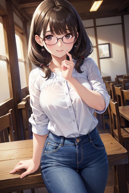 anegasaki nene、Shiny brown hair, short hair, (Beautiful brown eyes、Sparkling eyes, Fine grain)、smile、Ultra-detailed eyes、Highly detailed face, Highly detailed eyes,Cowboy Shot、



(Highest quality:1.2), One girl,Highest quality,White blouse、Denim pants,Low twin tails, Eyeglasses Professional Lighting,Realistic Shadows,Focus Only,Beautiful Hands,Beautiful fingers,Detailed characteristics of the fingers,Detailed arm functions,Detailed clothing features,Detailed hair features,Detailed facial features,(Tabletop,Highest quality,Ultra-high resolution output images,) ,(8K quality,),(Picture Mode Ultra HD,)