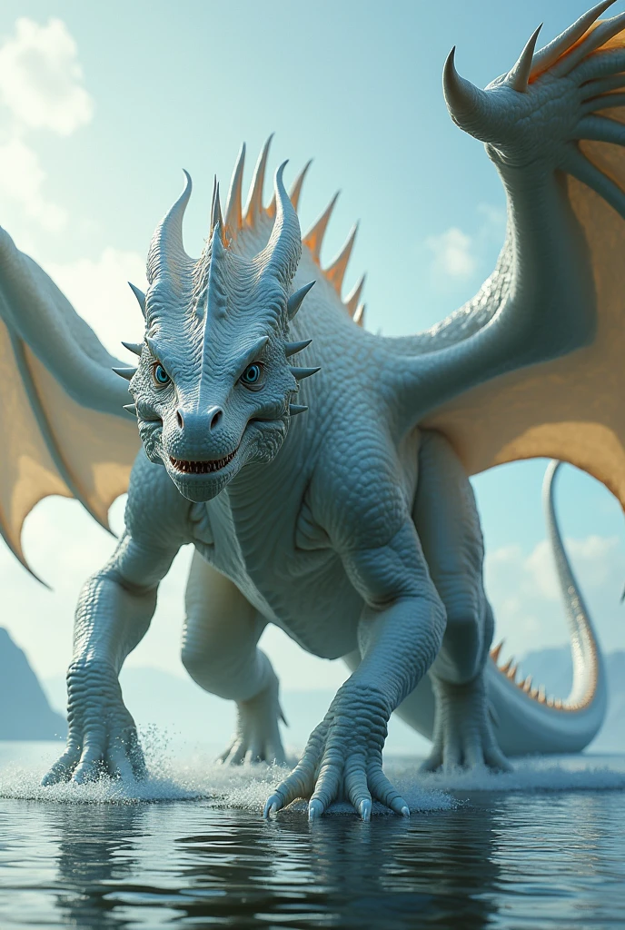 Side view of a very large beautiful 4 legged white dragon with large wings, and dinosaur-like electric blue eyes walking in shallow water, fierce features, sharp teeth, long tail, spikes along head with water-like qualities. The white scale shimmer.