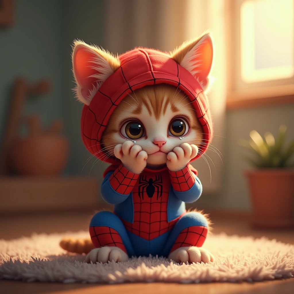 A heart-tugging yet gentle scene of a kitten dressed in a Spider-Man outfit, with big, tearful eyes and big tears rolling down its cheeks. The kitten is sitting down with its little paws covering its face, evoking a sense of vulnerability and cuteness. The background is soft and comforting, perhaps featuring a cozy indoor space with warm lighting, making the scene tender and soothing. The overall mood is one of sympathy and warmth, ensuring the scene remains endearing and appropriate for younger audiences.