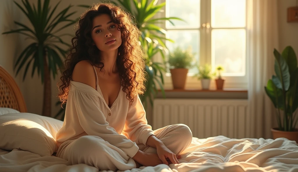 (photorealism:1.2), beautiful woman, sitting on bed, wearing loose off-shoulder top, pajama pants, long curly hair, indoors, soft lighting, plants in background, window with sunlight, cozy room, relaxed pose, realistic, intricate details, warm colors, by Greg Rutkowski, by Alphonse Mucha