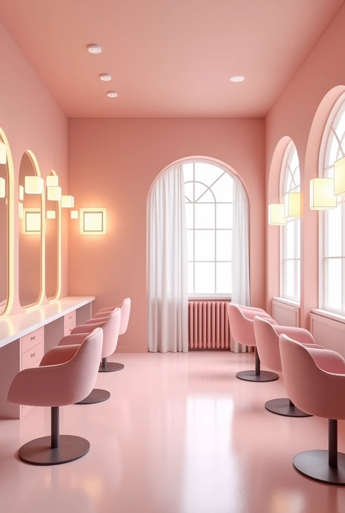 create a beauty salon interior in pink and white colors with the form of architecture and interior design with round mirrors with lights around the mirror with different design in square shape the floor plan
