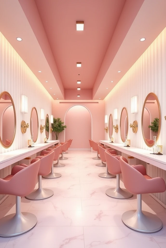 create a beauty salon interior in pink and white colors with the form of architecture and interior design with round mirrors with lights around the mirror with different design in square shape the floor plan