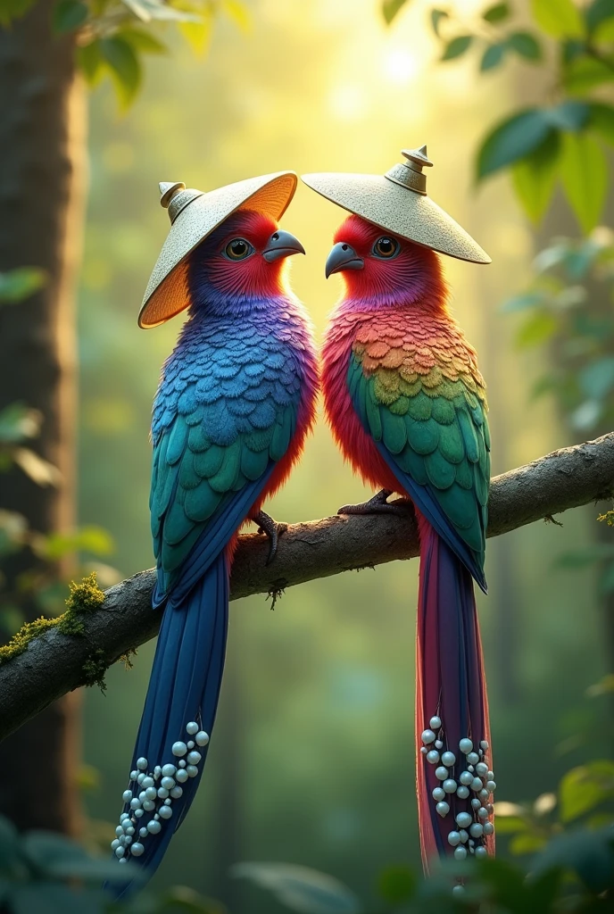 Create an 8K high-resolution image of two exotic, vibrant birds perched on a branch in a lush forest setting. The birds should have striking, multi-colored feathers with intricate patterns resembling gemstones, including shades of blue, purple, red, and green. They are wearing traditional Asian-style conical hats with elegant silver adornments. The birds' long, graceful tail feathers should feature ornate white designs with bead-like decorations. The background should be softly blurred, with natural sunlight filtering through the dense green foliage, creating a magical, serene atmosphere. Capture the details of the birds’ feathers and the hats in ultra-sharp resolution, ensuring a visually stunning and realistic appearance."